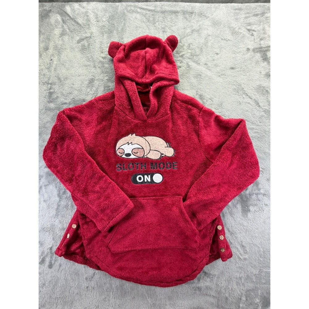 Sloth Mode On Burgundy Fleece Hoodie with Ears and Side Buttons Women's Medium